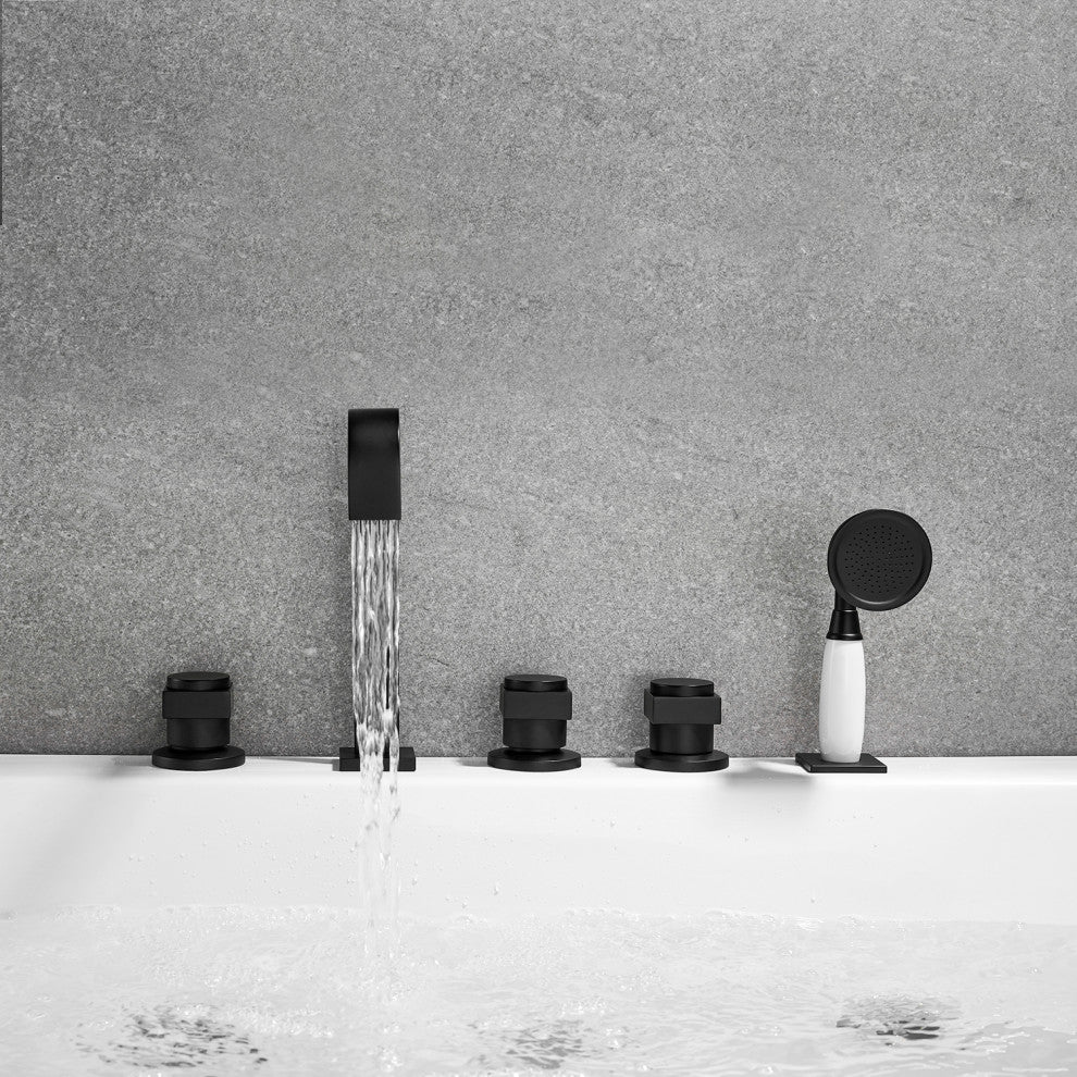 Vikran Triple Handle Deck-Mount Roman Tub Faucet Trim With Handshower, Matte Black
