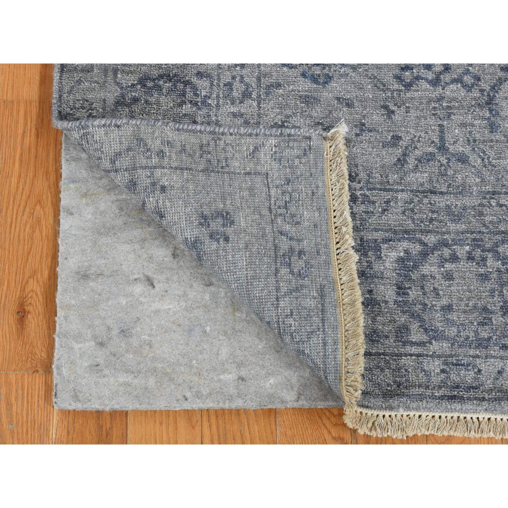 Carbon Gray, Abstract Design Wool and Silk, Hand Knotted Runner Rug, 3'1"x8'3"