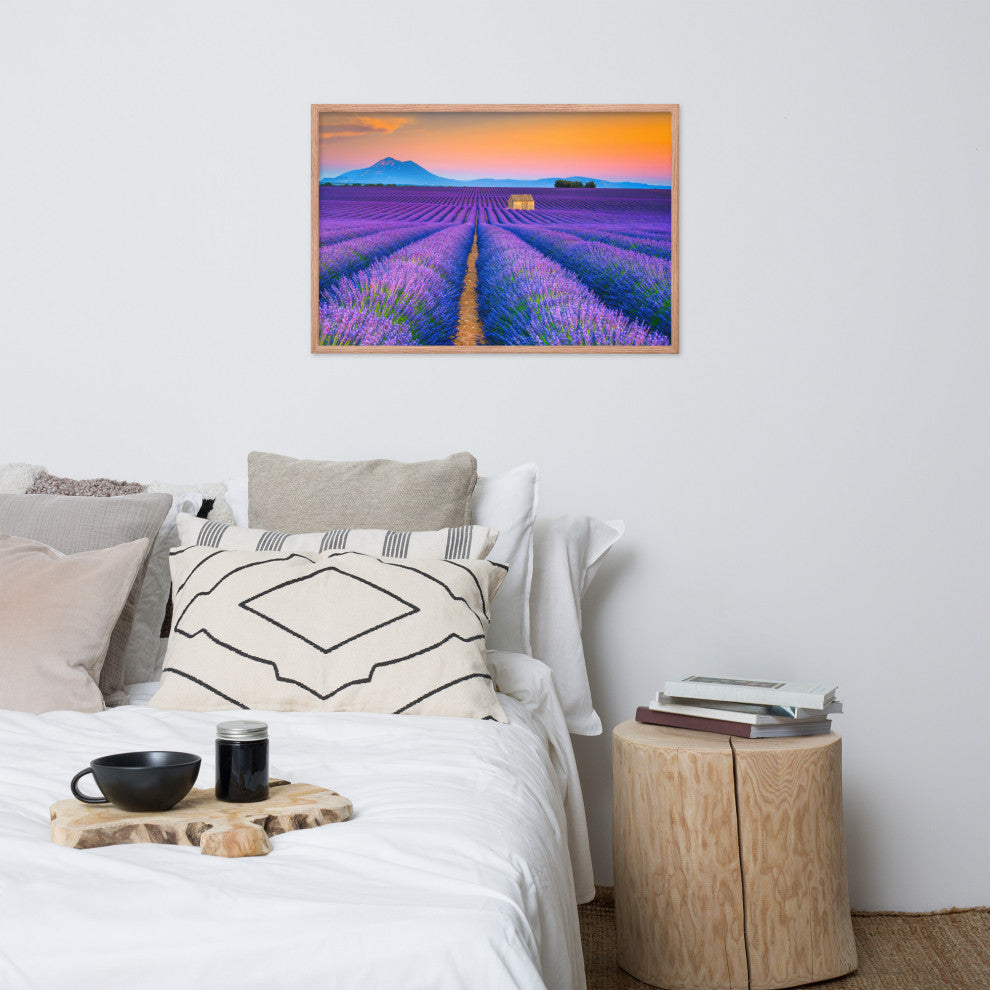 Blooming Lavender Field and Sunset Floral Landscape Framed Photo Wall Art Prints, Red Oak, 24" X 36"