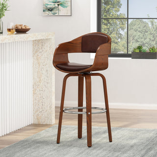 Soledad Mid-Century Modern Upholstered Swivel Barstool, Dark Brown/Walnut