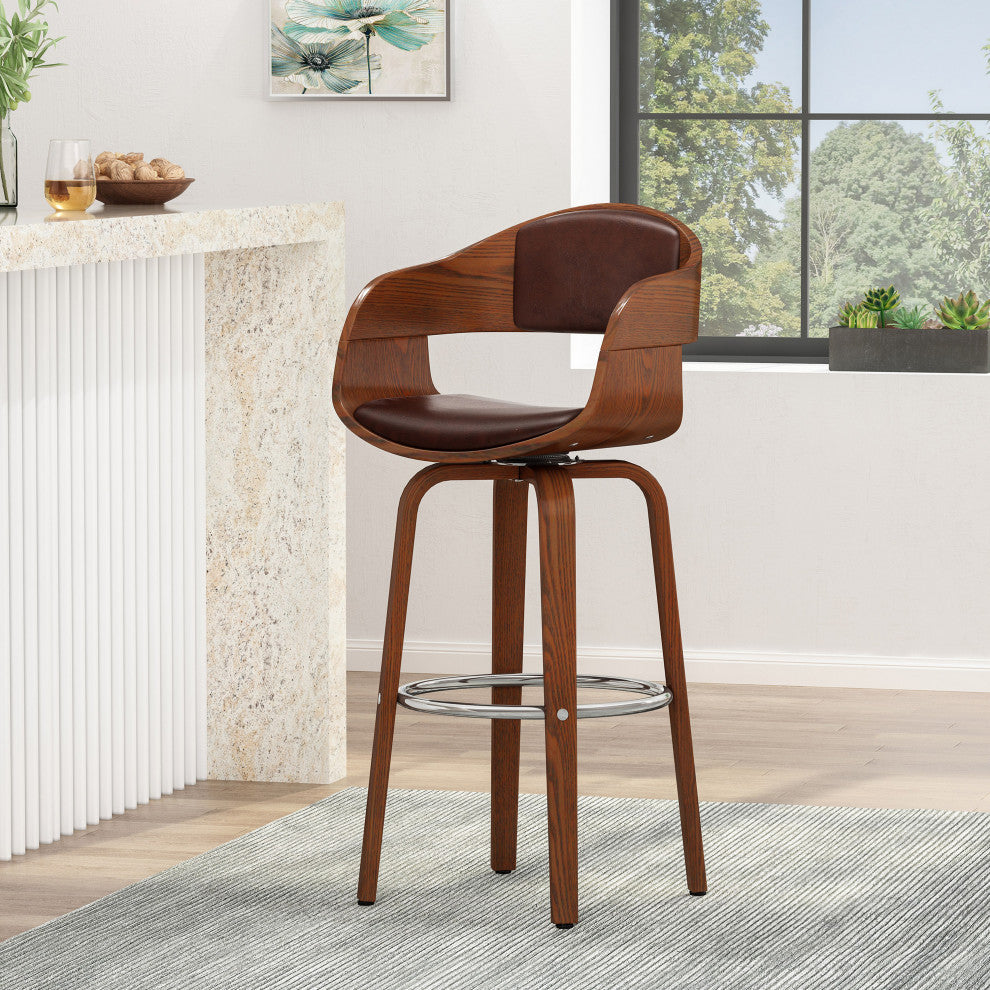Soledad Mid-Century Modern Upholstered Swivel Barstool, Dark Brown/Walnut