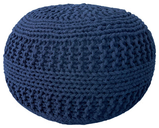 Handmade Premium Cotton Round Knitted Cable Style Pouf, Navy