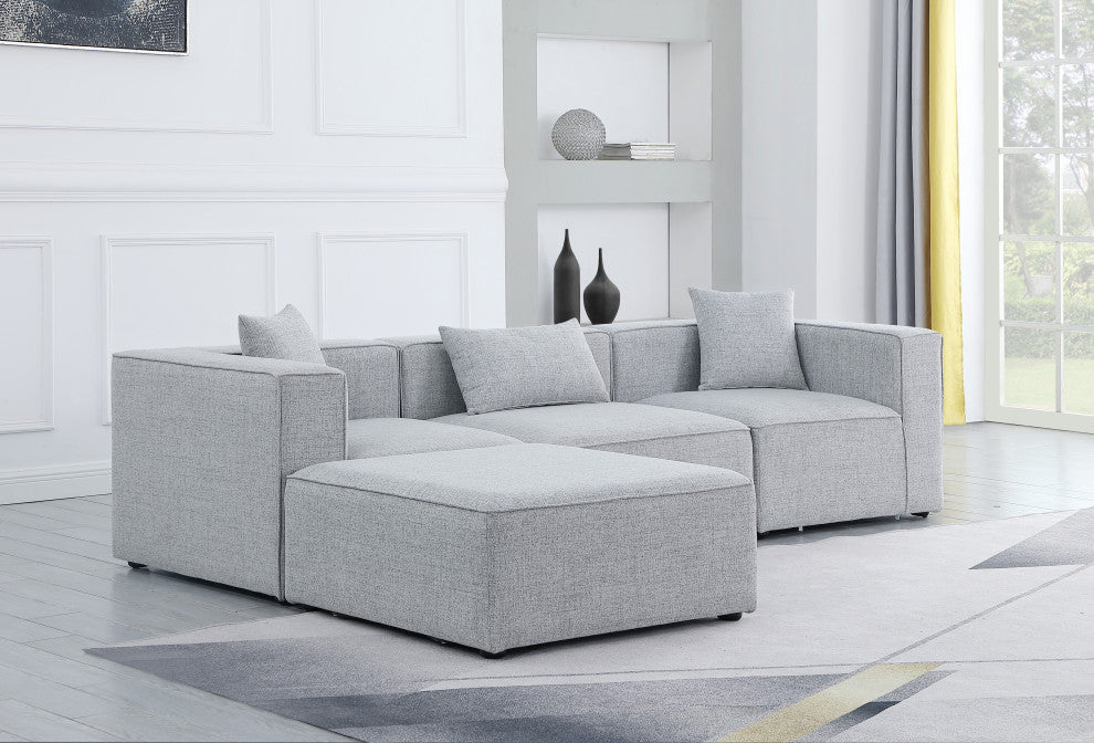 Cube Upholstered Modular Sectional, Gray, 4-Piece: 1 Armless Chair, 2 Corner Chair, 1 Ottoman, Linen Texured Fabric