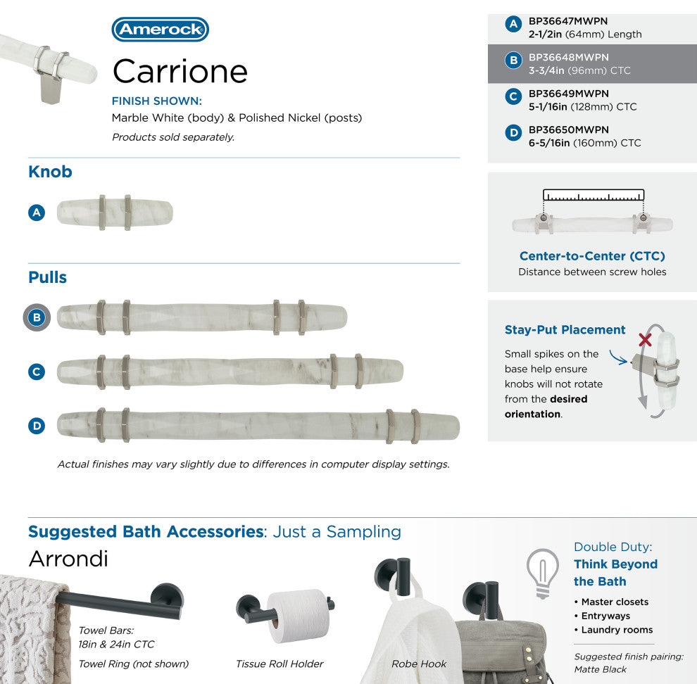Carrione Cabinet Pull, Marble White/Polished Nickel, 3-3/4" Center-to-Center