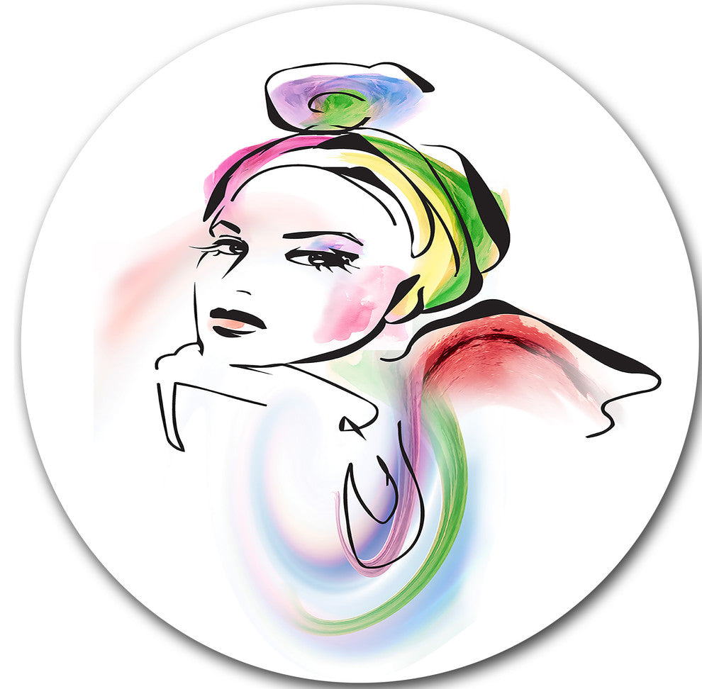 Drawing Portrait Of Woman, Digital Round Wall Art, 23"