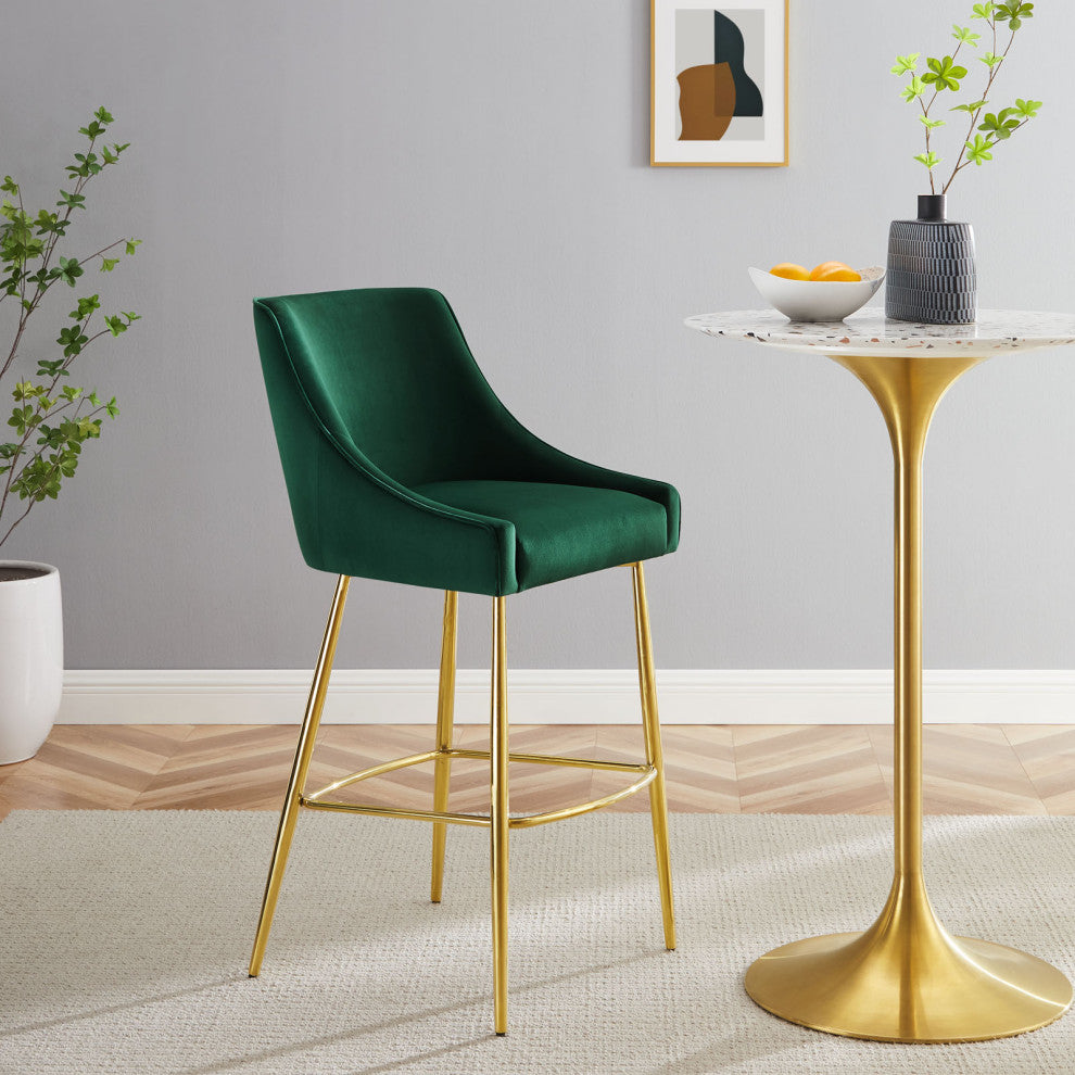 Bar Stool Chair Barstool, Green, Velvet, Modern, Mid Century Bistro Dining