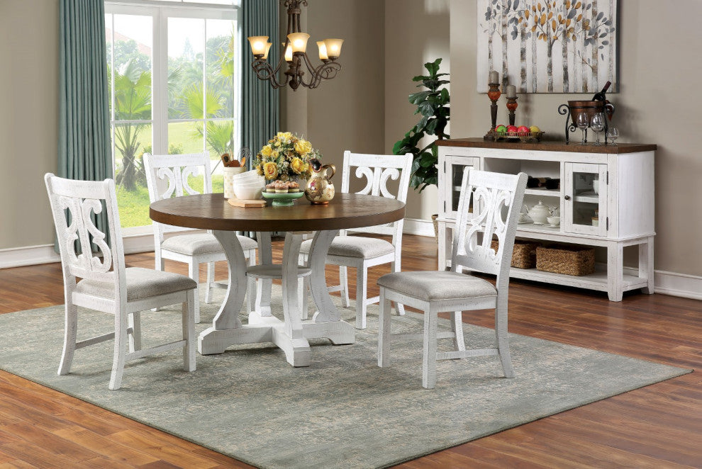 Fabric And Wooden Side Chair Of 2 with Backrest, Distressed White