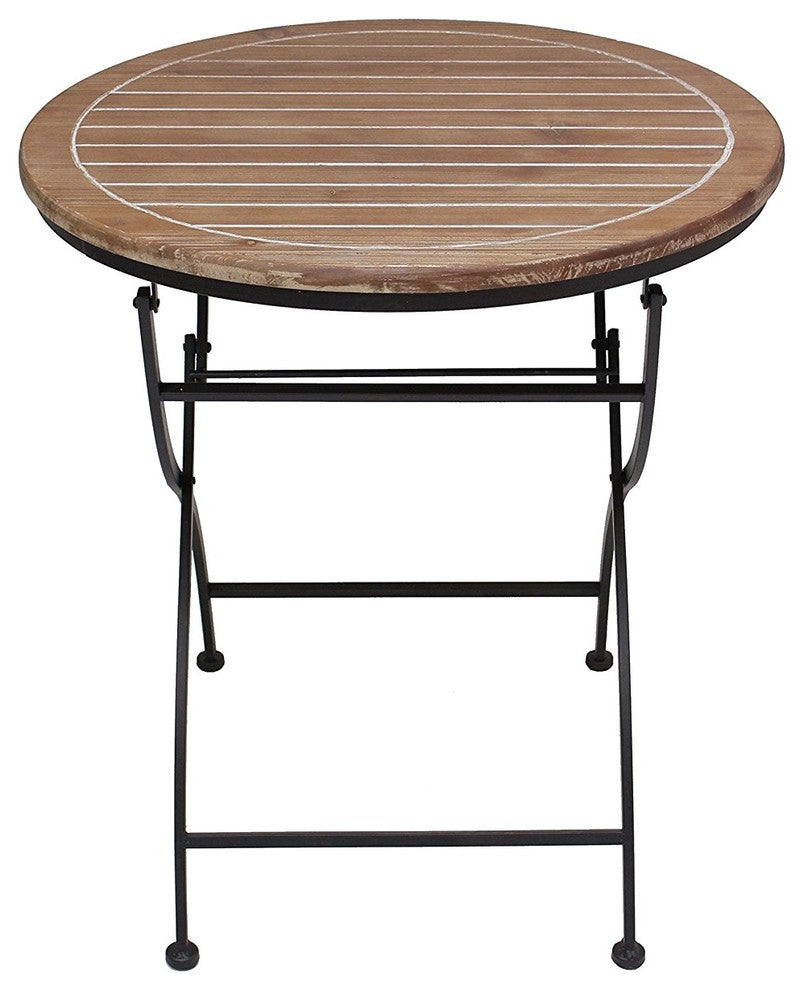 French Cafe Bistro Folding Table, Black Metal Frame, Wood Round Top