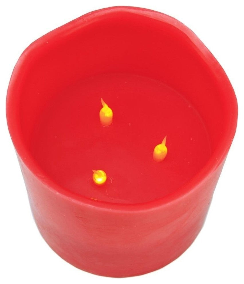 Battery Operated Flameless LED 3-Wick Wax Christmas Pillar Candle, Red, 8"