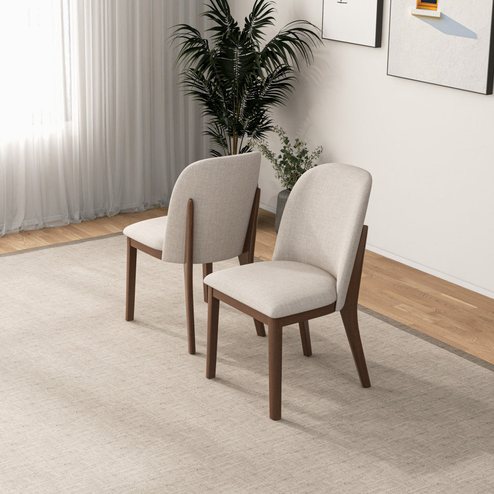 Belfast Mid-Century Modern Solid Wood Upholstered Dining Chair, Set of 2, Cream
