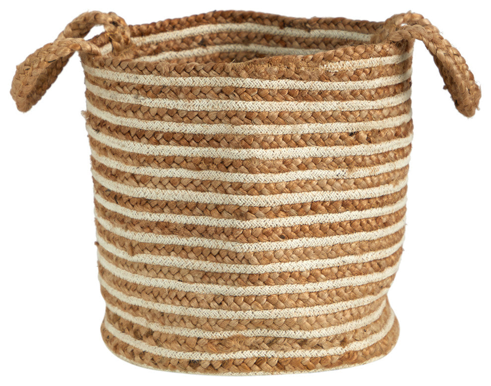 14" Boho Chic Basket Natural Cotton and Jute, Handwoven Stripe With Handles