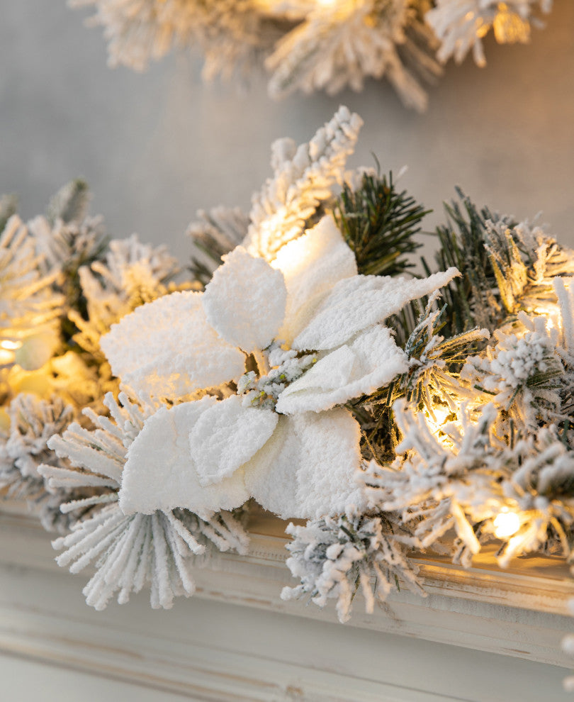 24"D Pre-Lit Snow Flocked Christmas Wreath and Matched 2-Pack 9' Garland Set