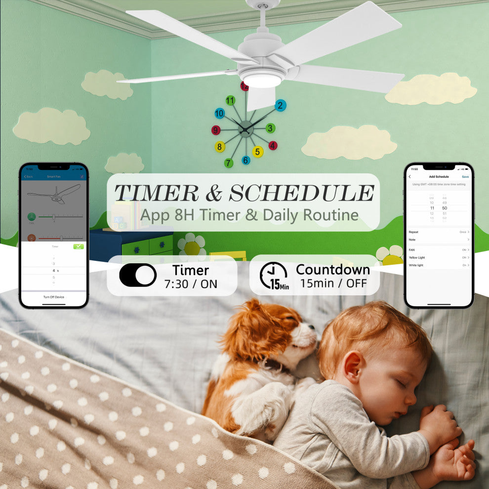 CARRO 52'' 5 Blades Smart Ceiling Fan with Remote Control and Dim LED Light, White