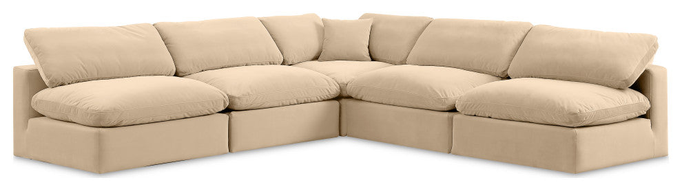 Comfy Upholstered L-Shaped Modular Sectional, Beige, 5-Piece: 4 Armless Chair, 1 Corner Chair, Velvet