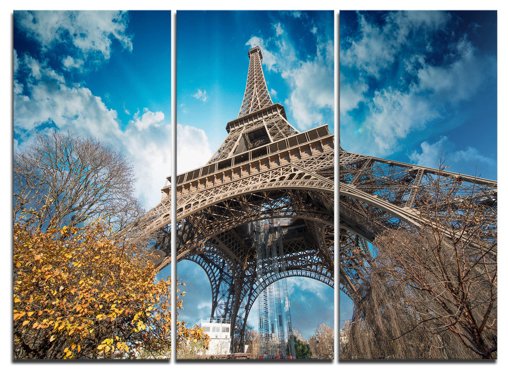 "Paris Eiffel Tower and Blue Paris Sky View" Metal Wall Art, 3 Panels, 36"x28"