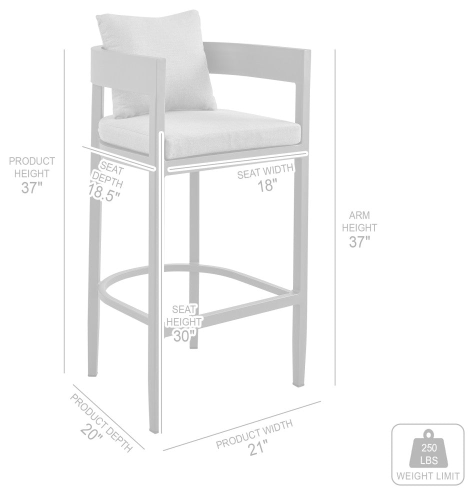 Menorca Outdoor Stool, Aluminum With Gray Cushions, Bar Height
