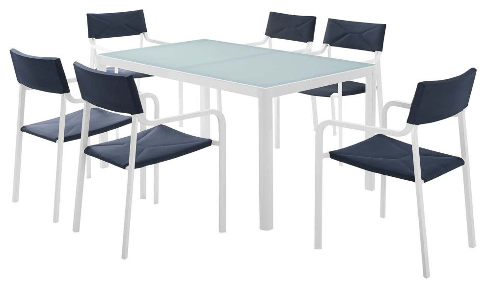 Side Dining Chair and Table Set, Aluminum, Metal, White Blue Navy, Outdoor