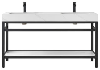 Funes Bath Vanity without Mirror, Matte Black Hardware, 60" Double Sink, White Stone Top