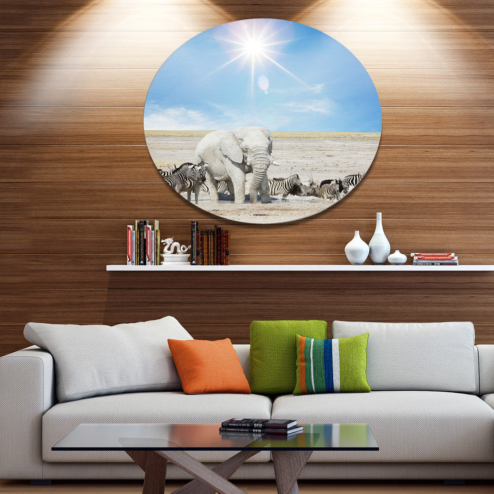 White Elephant And Herd Of Zebras, Animal Round Metal Wall Art, 23"