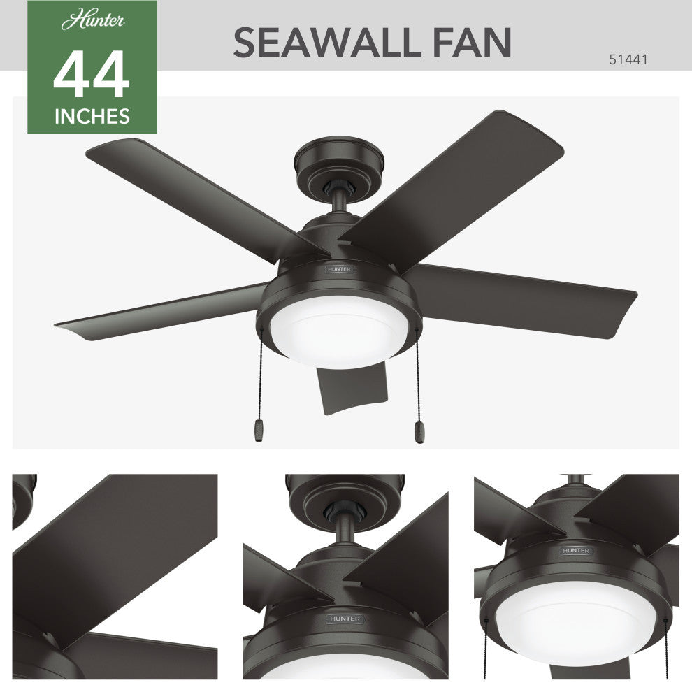 Hunter Seawall Wet Rated Ceiling Fan, LED Light Kit, Pull Chain, Noble Bronze