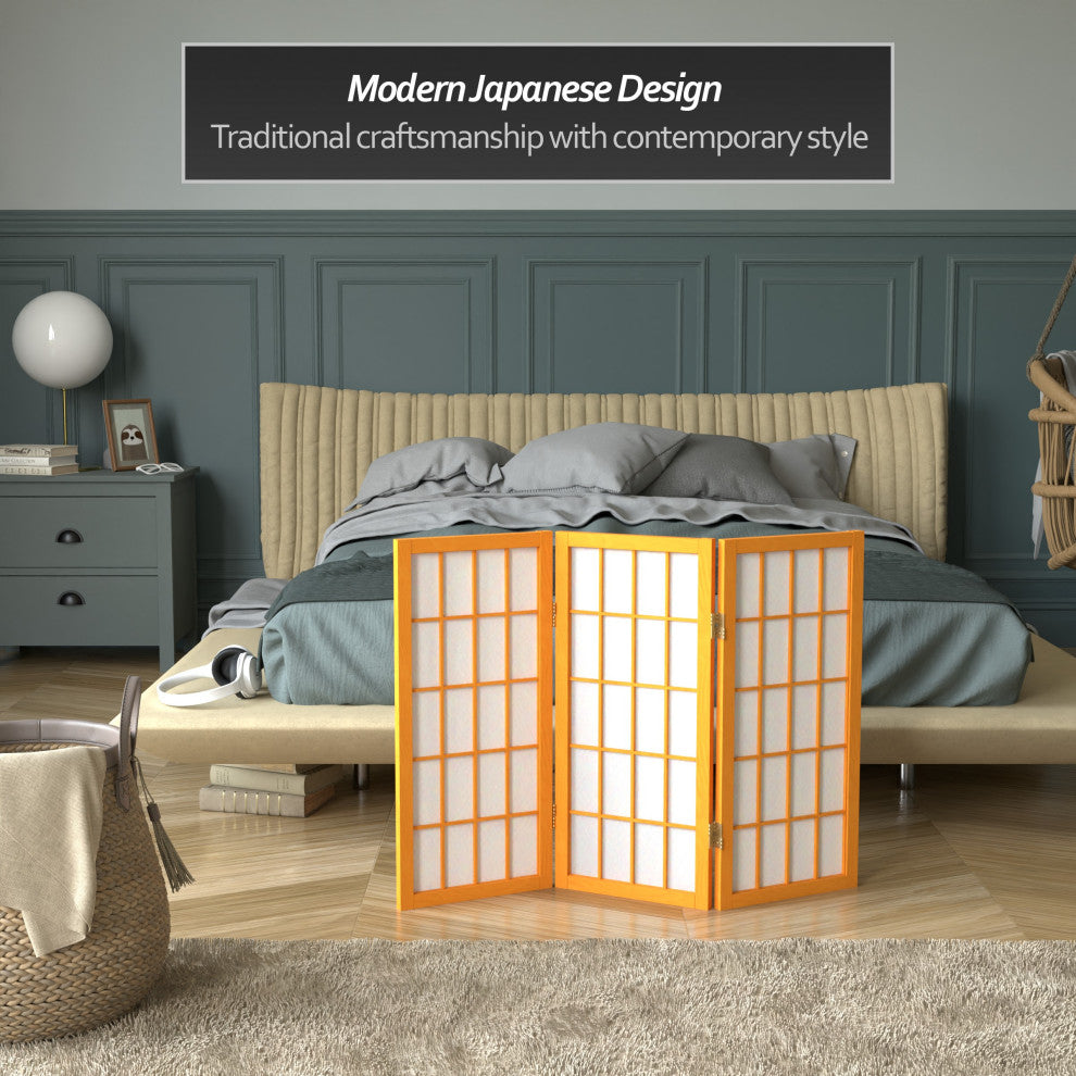 2' Tall Desktop Window Pane Shoji Screen, Honey, 3 Panels