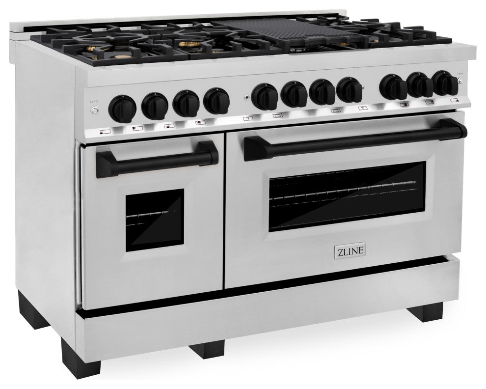 ZLINE 48" Dual Fuel Range, Stainless Steel With Matte Black Accents RAZ-48-MB