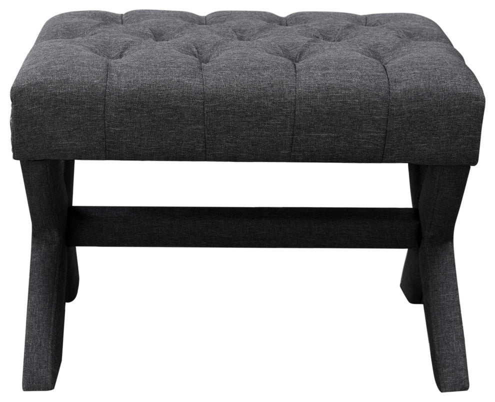 Paola Linen Button Tufted Silver Nailhead Trim X-Leg Ottoman, Dark Gray
