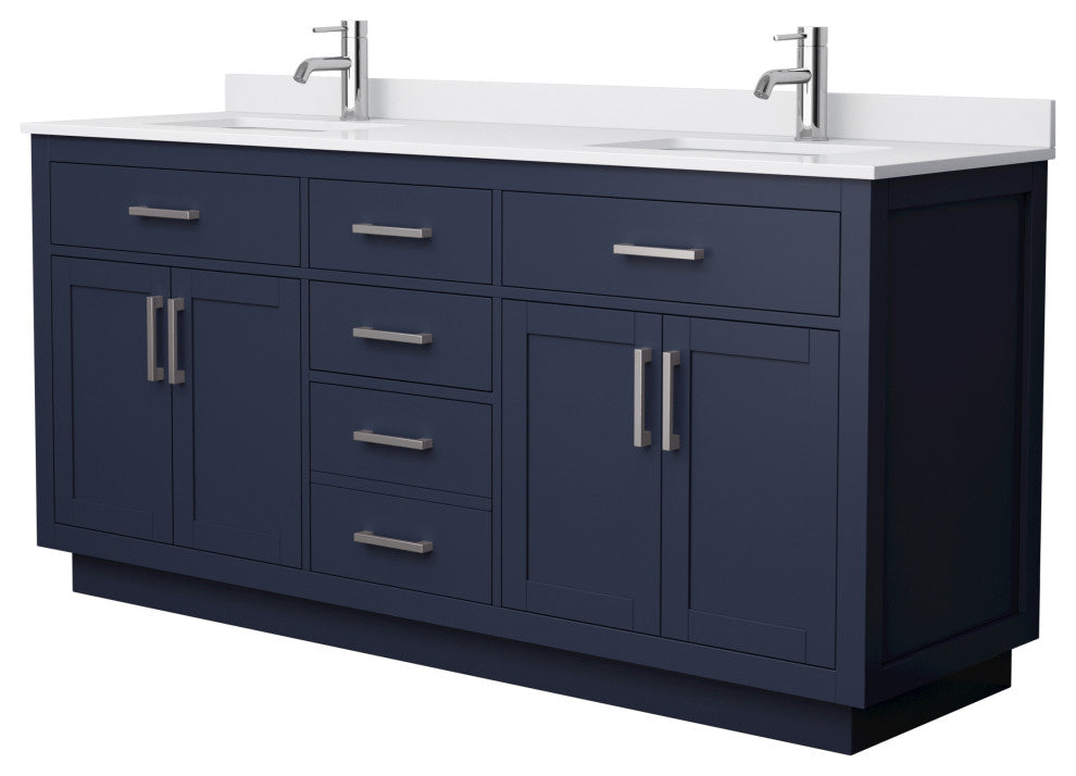 Beckett TK 72" Dark Blue Double Vanity,  Cultured Top, Nickel Trim
