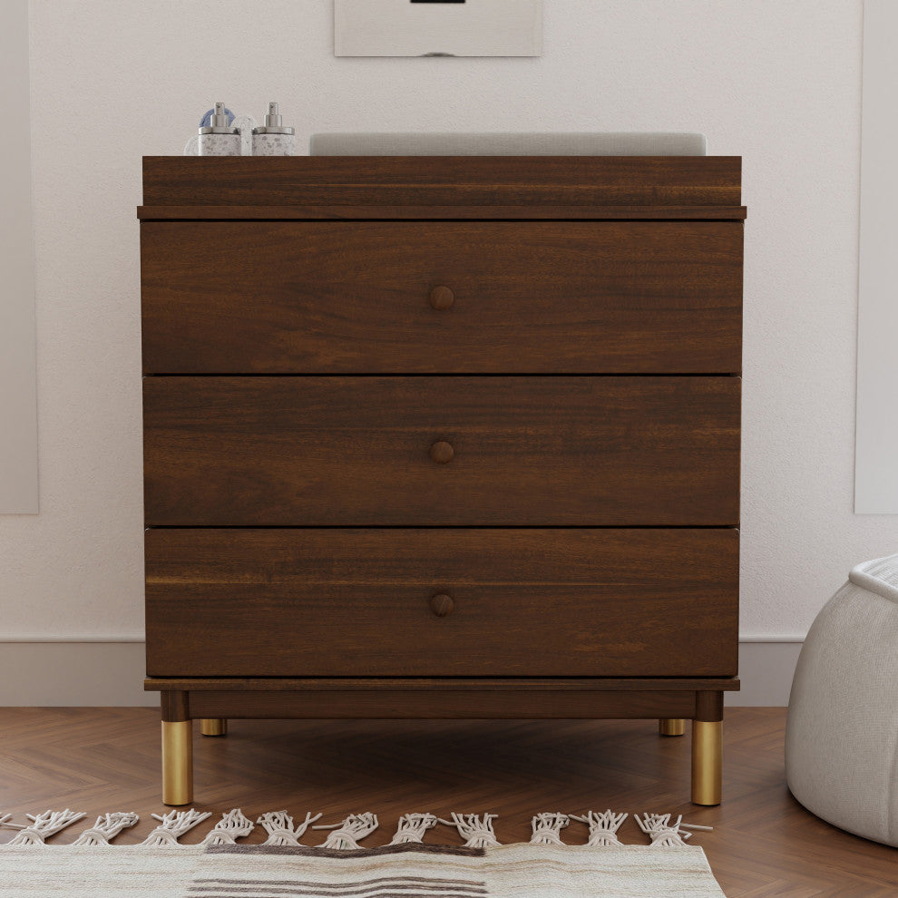 Gelato 3-Drawer Changer Dresser With Removable Changing Tray, Natural Walnut & Gold Feet