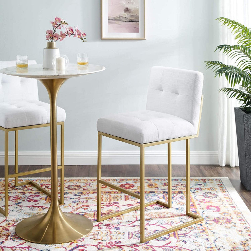 Modern Elegant Bar Stool, Gold Base & Polyester Seat With Biscuit Tufting, White