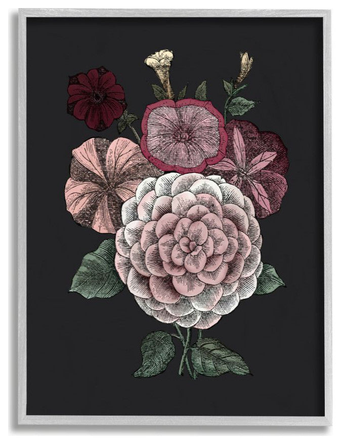 Pink Flowers On Black Drawing Design, 16"x20"