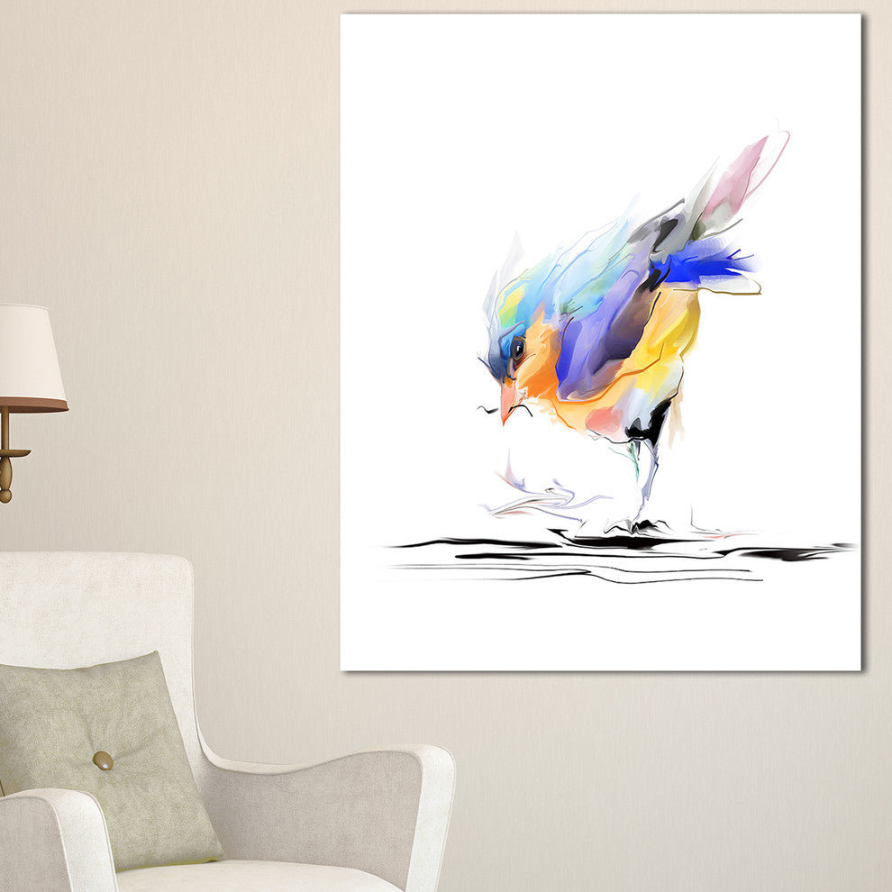 "Cute Bird in Purple and Yellow Watercolor" Painting Canvas Print, 20"x40"