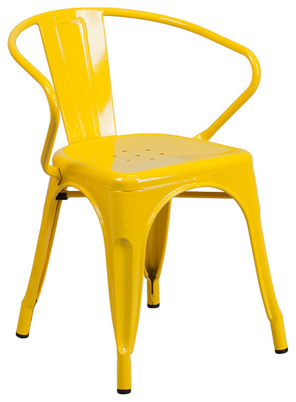 31.5" Square Yellow Metal Indoor-Outdoor Table Set, 4 Arm Chairs