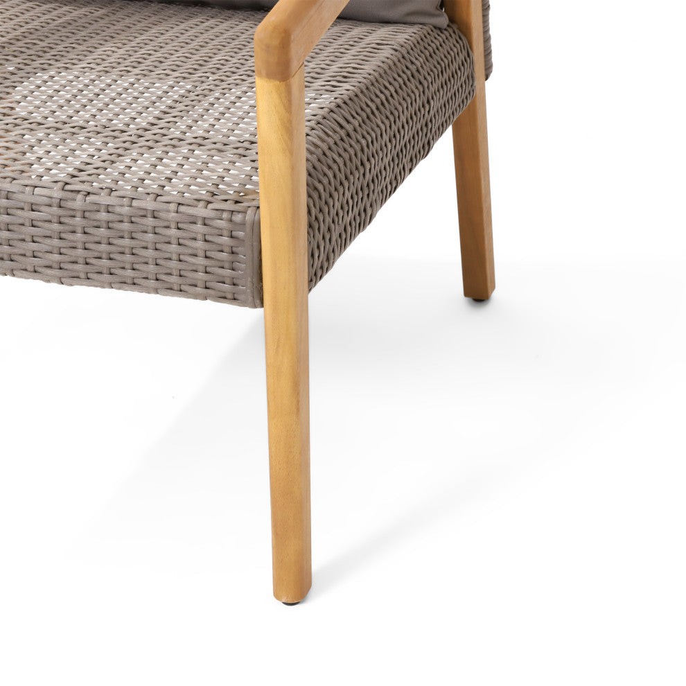 Breck Outdoor Acacia Wood and Wicker Club Chairs with Cushion, Set of 2