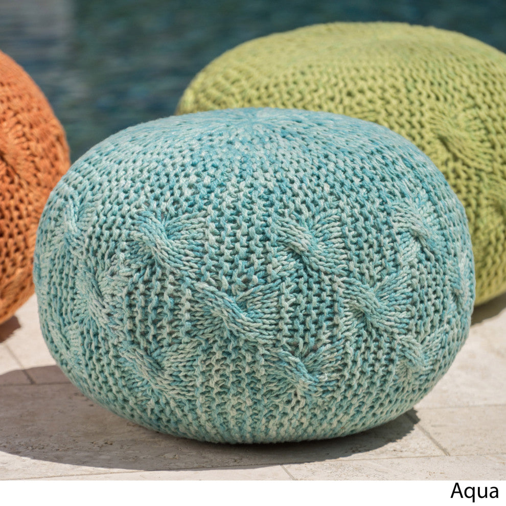 GDF Studio Ash Outdoor Handcrafted Modern Fabric Weave Pouf, Aqua