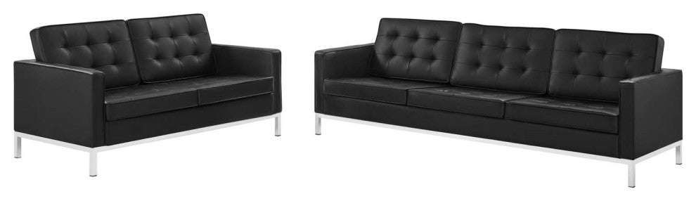 Tufted Loveseat and Sofa Set, Faux Leather, Silver Black, Modern, Lounge