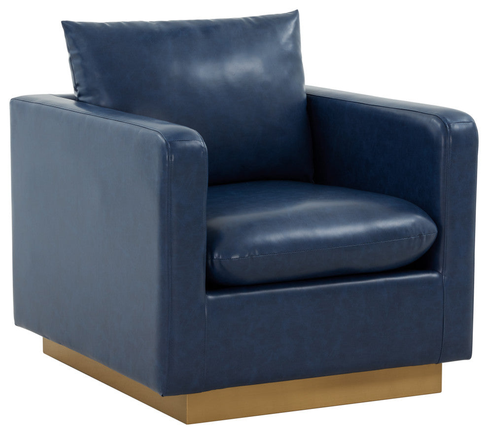 LeisureMod NS32BU-L Nervo Navy Blue Leather Accent Armchair With Gold Frame