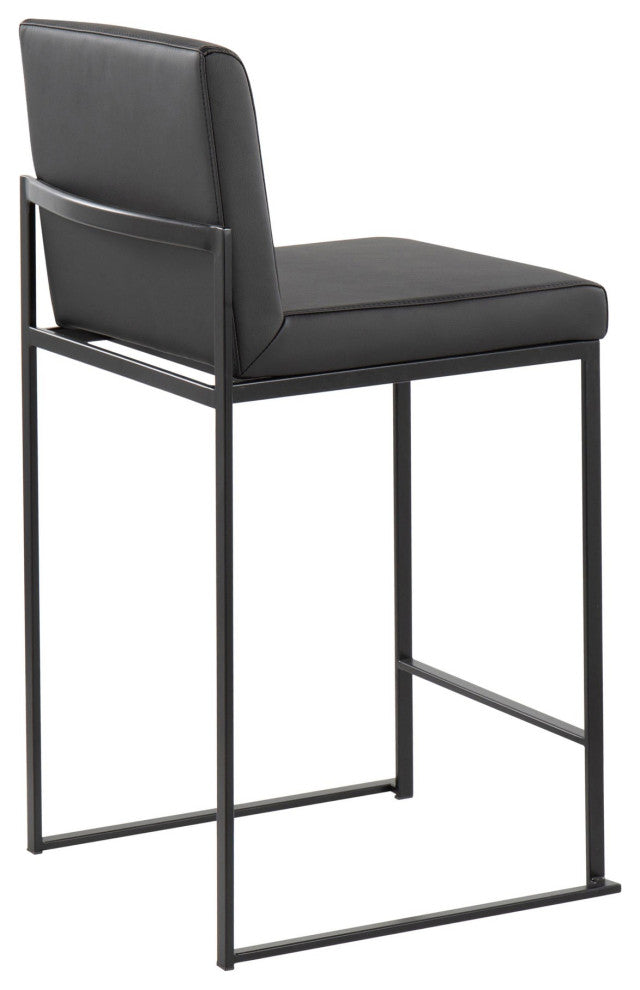 Fuji High Back Counter Stool, Black Steel/Black Faux Leather, Set of 2