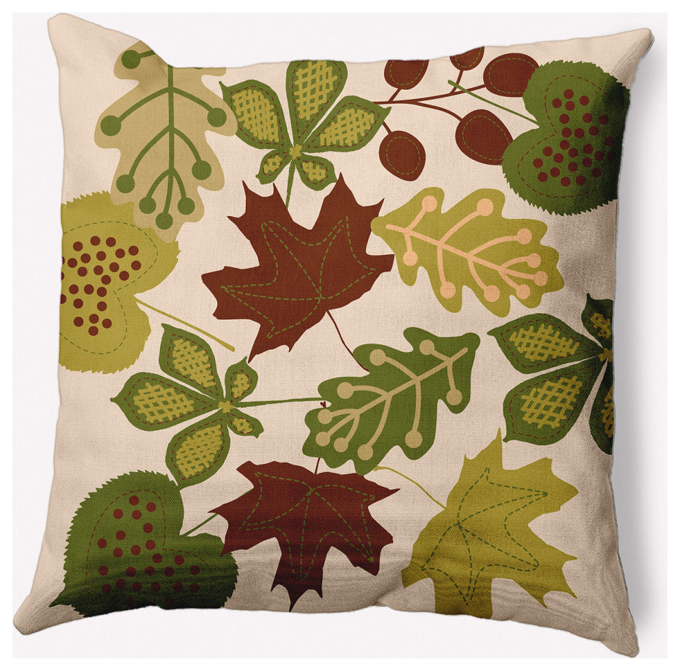 18" x 18" Fall Leaves Indoor/Outdoor Polyester Throw Pillow, Olive
