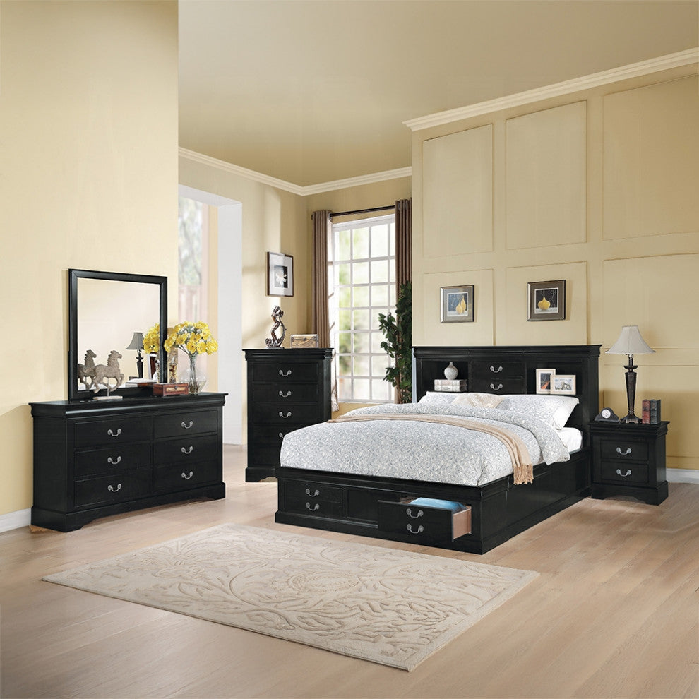 Louis Philippe III Bed With Storage and Hidden Drawer, Black, Eastern King