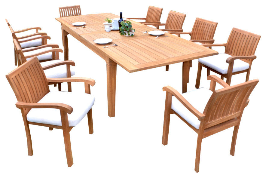 11 Piece Teak Dining Set, 122" Double Rectangle Table, 10 Nain Stacking Chairs