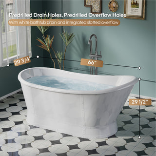 66" 100% Acrylic Freestanding Soaking Bathtub with Drain and Overflow, White, White