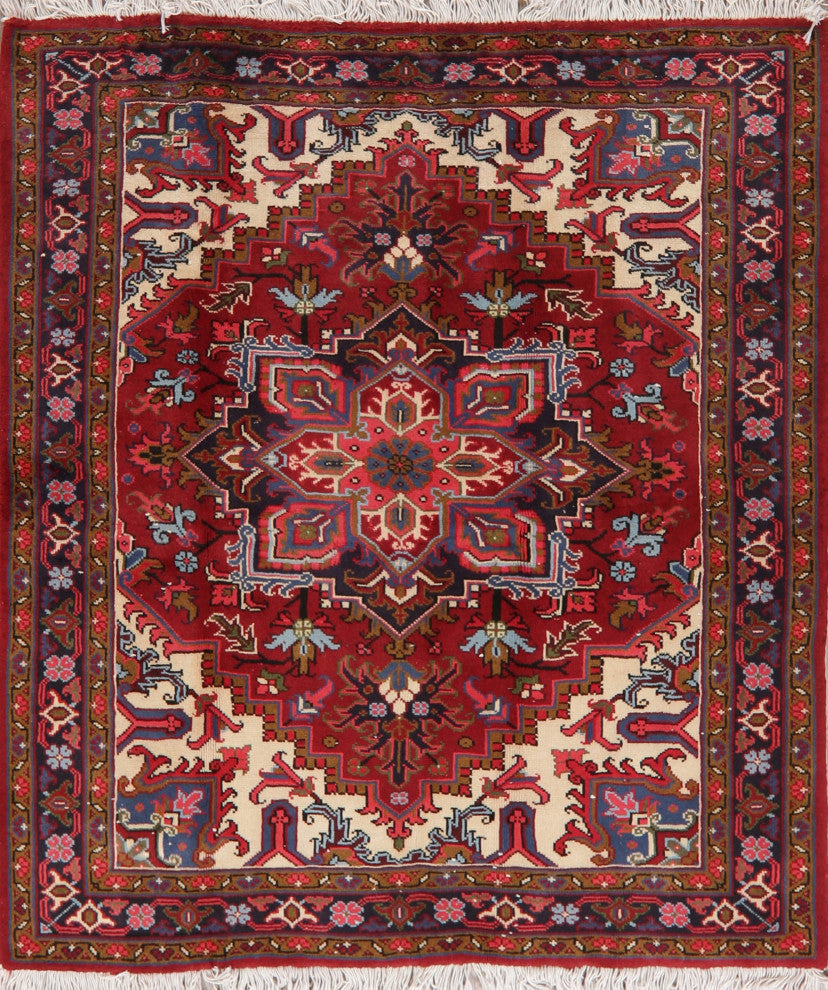 Heriz Oriental Traditional Persian Hand-Knotted Area Rug, Red, 6'5"x5'2