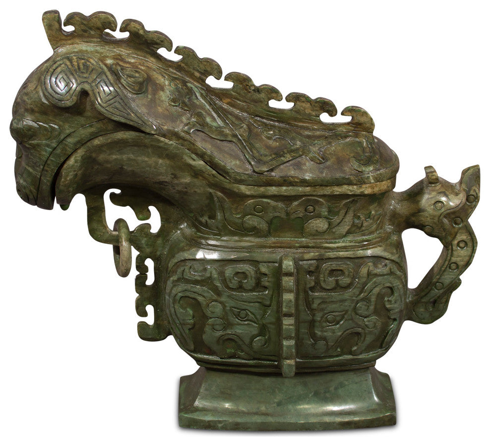 Hand Carved Jade Chinese Shang Dynasty Motif Ewer with Removable Lid