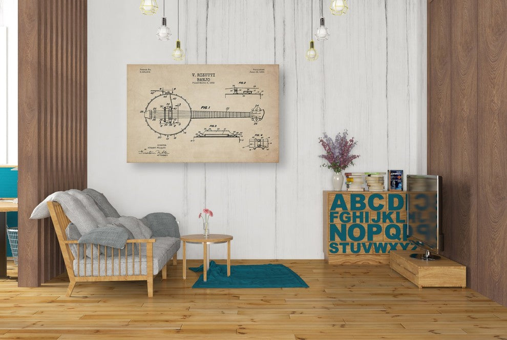 Epic Graffiti "Banjo Blueprint Patent Parchment" Giclee Canvas Wall Art, 26"x40"