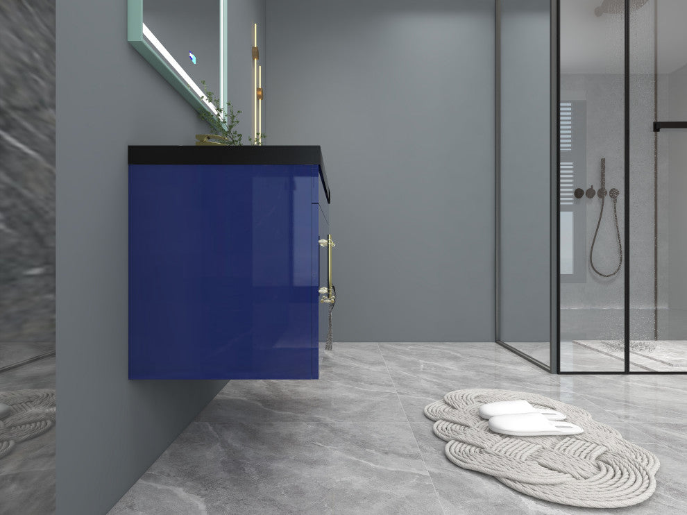 Rosa 36" Wall Mounted Modern Vanity, High Gloss Night Blue, Matt Black Top