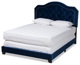Modern Navy Blue Velvet Fabric Upholstered Full Size Button Tufted Bed