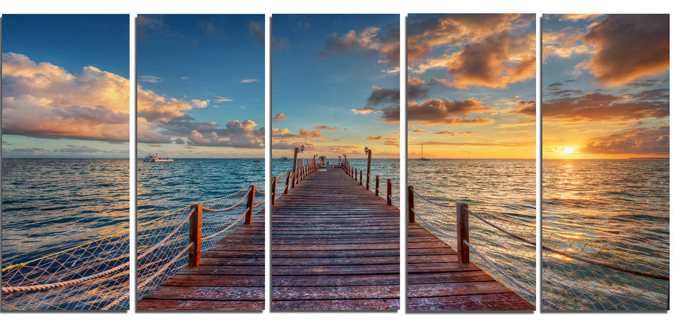 Brilliant Sunrise over Sea Pier, Modern Canvas Print, 60"x28", 5 Panels