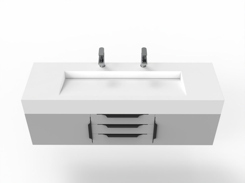 CastelloUSA Nile 60" Wall Mounted Vanity Set, Gray, White Top, Black Handles