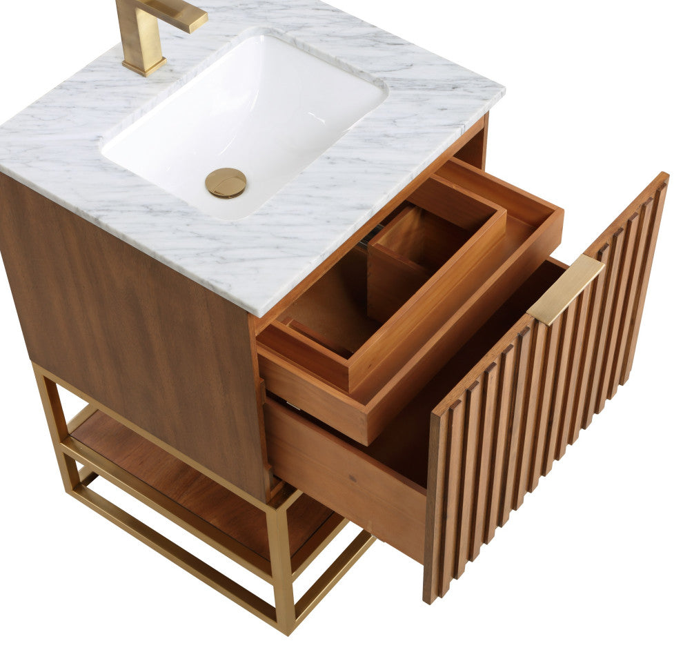 Terra Bathroom Vanity, Walnut/Satin Brass With Carrara Marble, 24"